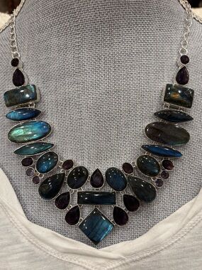 Handcrafted Labradorite & African Amethyst Statement Necklace - Multi-Blue